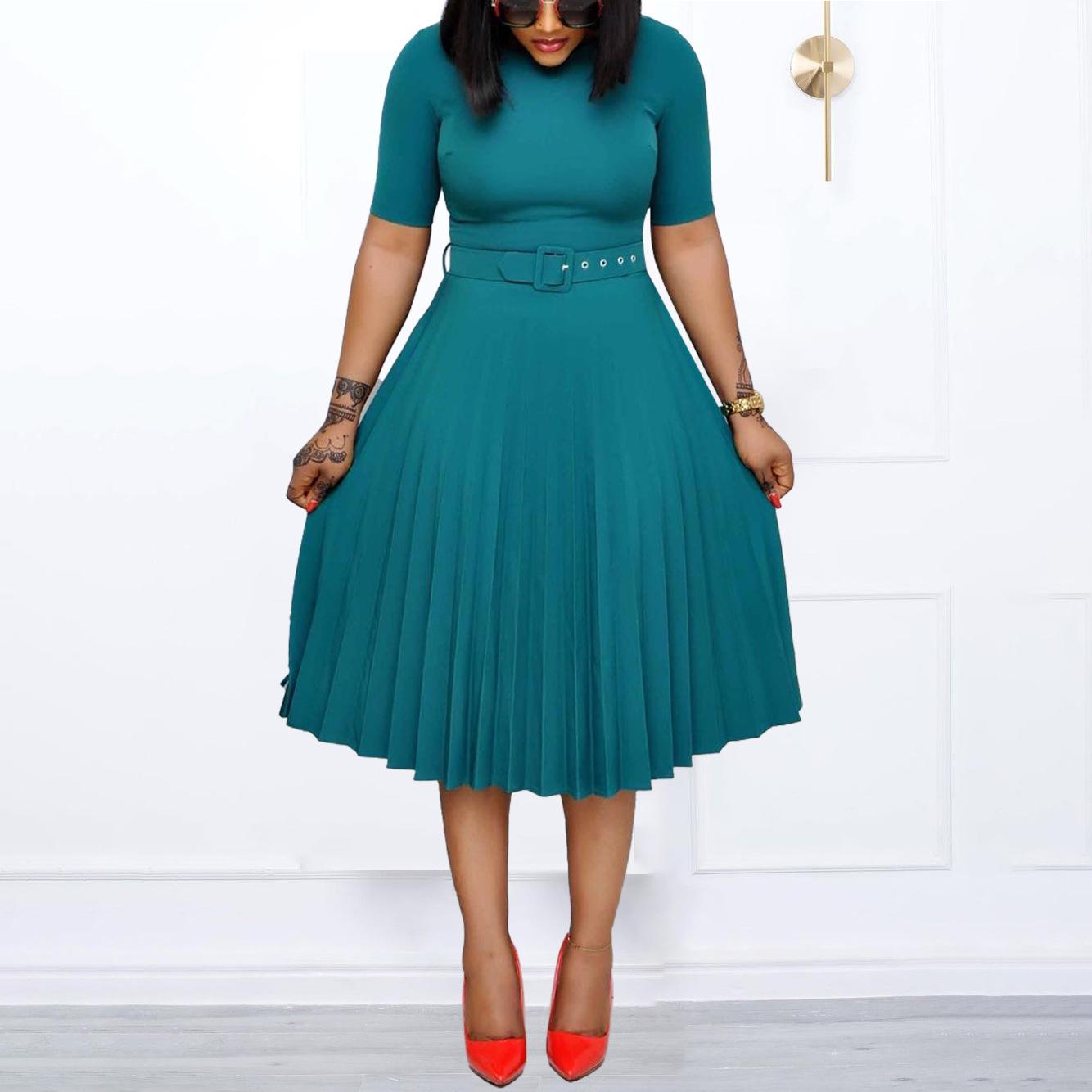 

European and American Women s Summer Belted Pleated Dress - Large Size L зелений