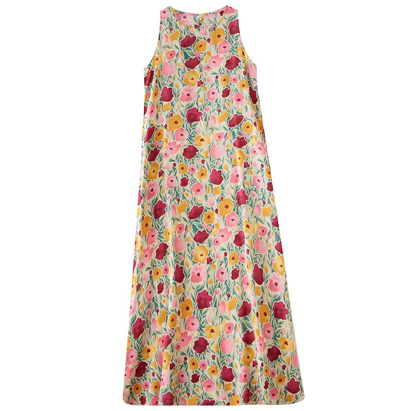 DIMANAF 2025 Women Linen Summer Flower print Dress Casual Ladies Basic Long Dress 8083