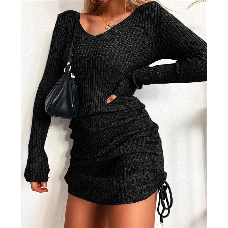 V-neck Knitted Sweater Dress - Long Sleeve, Slim Fit, Ruched Drawstring, Ribbed Design for Autumn/Winter