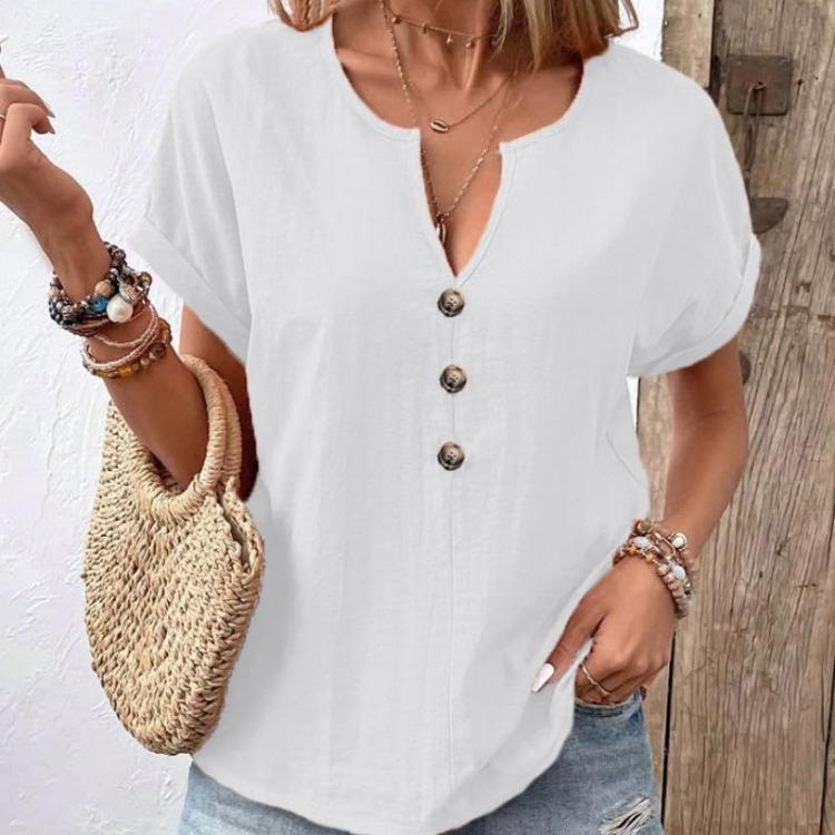 Women's Casual Short Sleeve V Neck Button Down Solid Color Summer Shirt Top