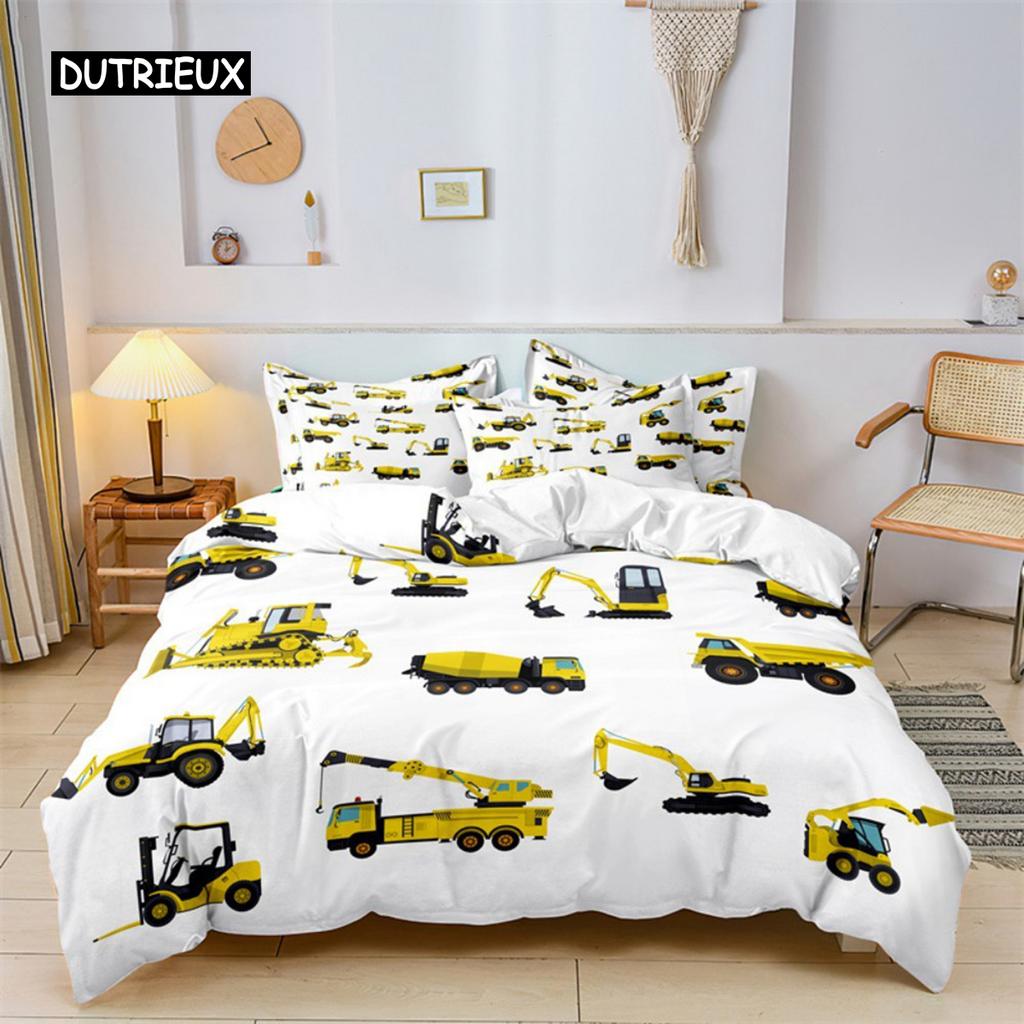 Boys Cartoon Car Duvet Cover Bedding Set Construction Vehicles Comforter Cover Kid Cartoon Machinery Truck Soft Polyester Decor