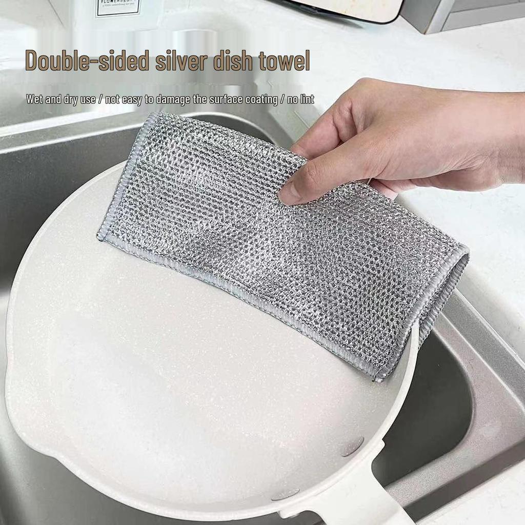 Non-stick Steel Mesh Dishcloth: Easy-Clean Metal Scrubber for Kitchen, Dishwashing, and Pots - Silver Wire Rag