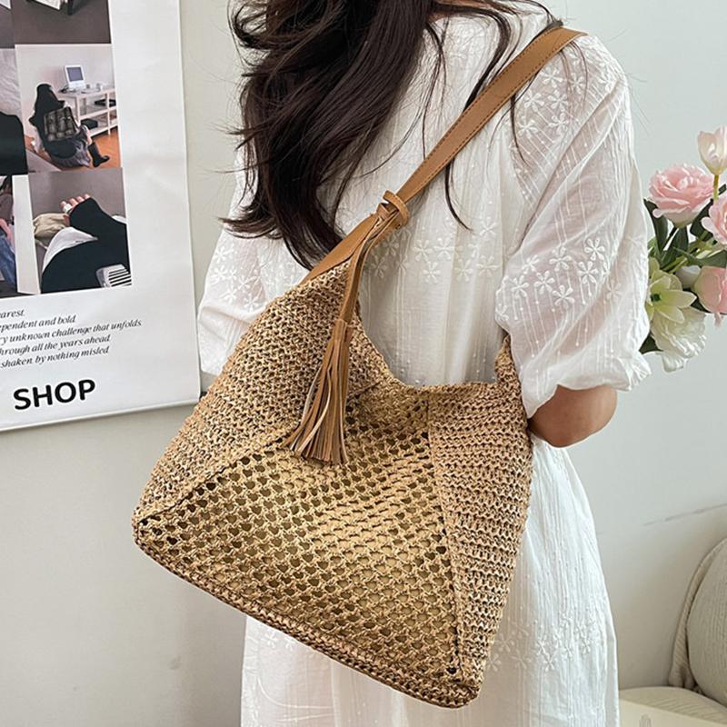 Yogodlns Borsa in Paglia Intrecciata Versatile da Appendere Estiva alla Moda con Lavorazione a Intreccio Vuota Borsa da Spiaggia in Erba Intrecciata a Mano Borsa a Spalla Singola da Donna