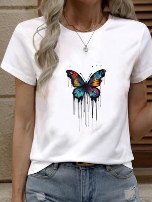 (Rozmiar azjatycki) Koszulka Top motyl uroczy słodki Moda Damska Odzież Damska T-shirt Kobieta Nadruk Krótki Rękaw Graficzne T-shirty