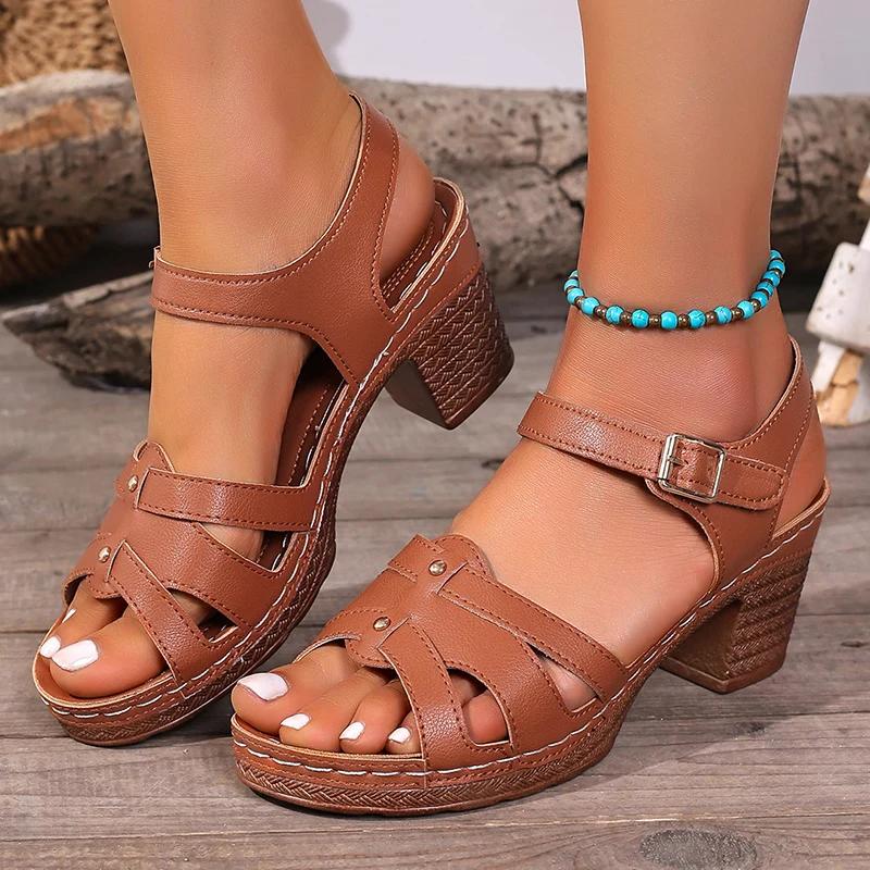 Fashion Women's Ankle Strap Chunky Heel Sandals Summer 2025 Fashion High Heels Dress Shoes Woman Roman Braided Platform Sandalias Mujer