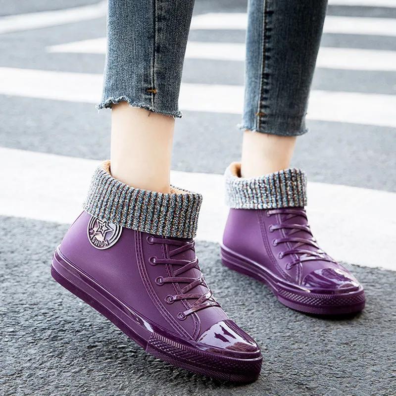 Adult Waterproof PVC Canvas Shoes Women Platform Ankle Rain Boots Outdoor Rain Shoe Ladies Non Slip Plus Cotton Silicone Boots