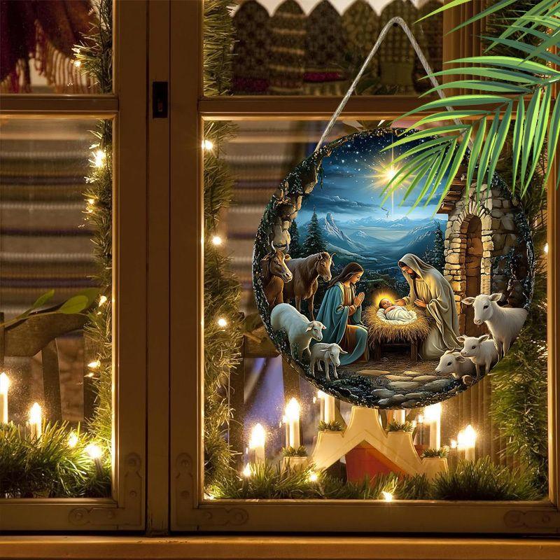 Hellig natt Krybbespill anheng, dekorasjon av hjemmevegger eller dører, 2d flatt tre, juledekorasjon, gaver til venner og familie