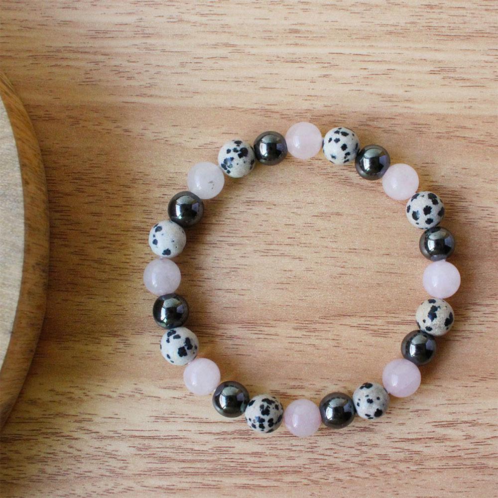 Festive Gifts Dalmatian Jasper Rose Quartz And Hematite Beaded Bracelet Minimalist Fashion Jewelry For Daily Wear Simple Versatile Accessory