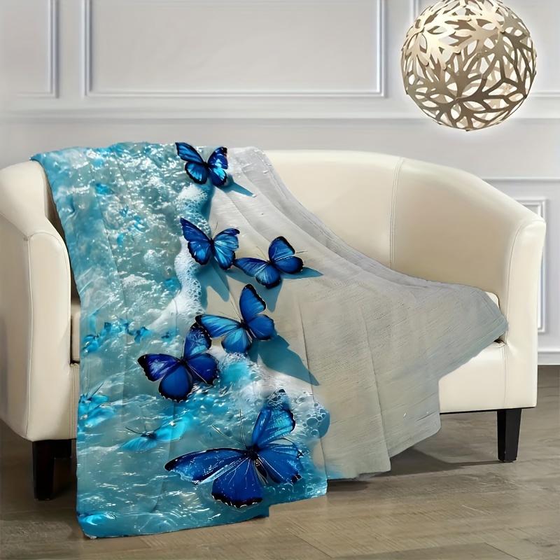 Glam Style Animal Theme Blue Butterfly Print Flannel Throw Blanket - Hypoallergenic, Tear Resistant, Multipurpose All-Season Kni