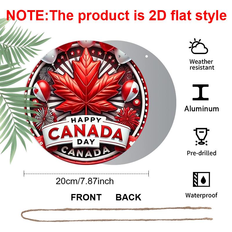2D Flach, 1 Stück Patriotisches Kanada-Tag Runde Aluminium-Metallschild, „Happy Canada Day“ Rotes Ahornblatt & Feuerwerk Design, Langlebige Wasserdichte Dekoration, Perfekt