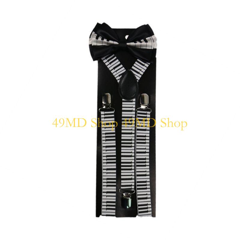 49MD Uomo Donna 2 in 1 Set Bretelle Papillon Bianco Nero Note Musicali Tastiera del Pianoforte Stampa Cintura Regolabile a Y Cravatta Palco