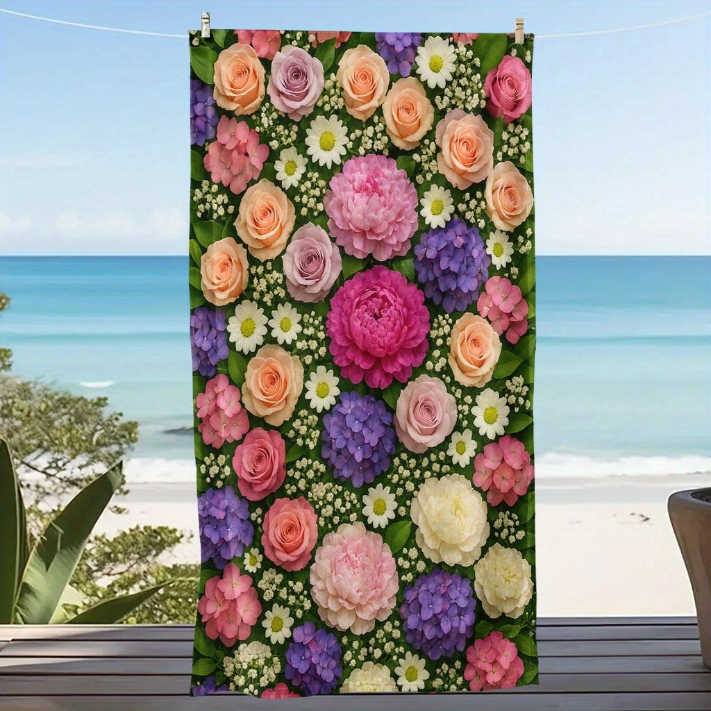 1pc Large Floral Beach Towel - Elegant Peony Flowers Pink, Peach, Purple,, Green - Quick-Dry Bath & Swim Towel for Pool, Travel