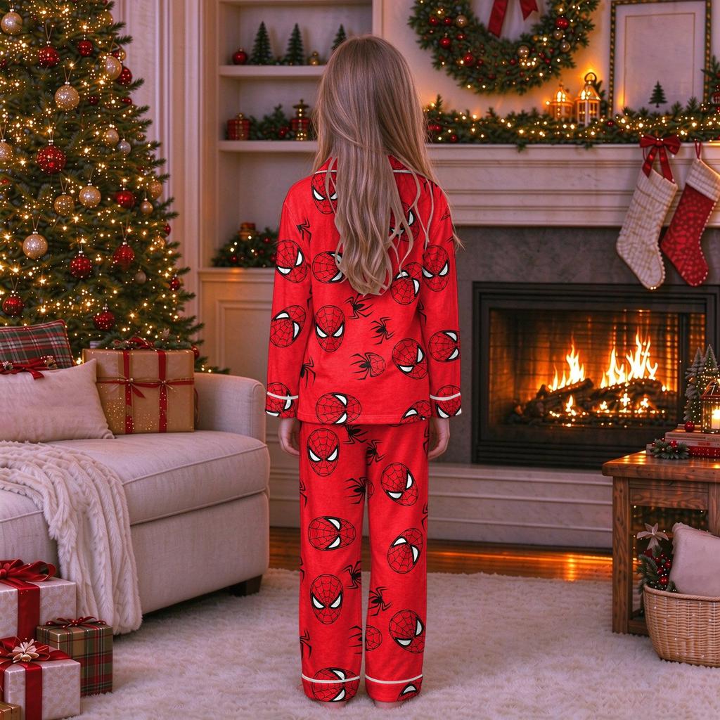 Christmas Parent-Child Matching Outfit with Stand Collar, Button Front and Festive Print