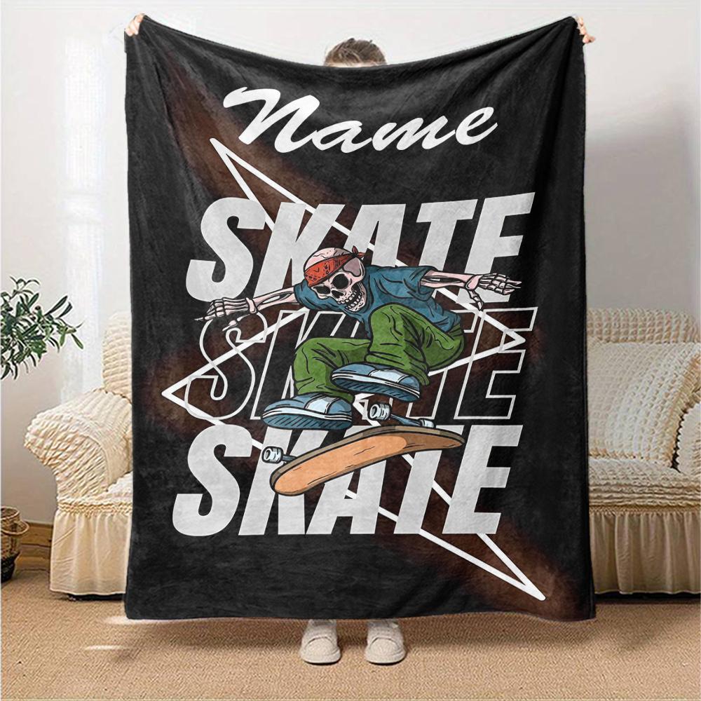 Custom Name skateboard Theme Printed Blanket - Perfect for Couch, Bed, Travel & Outdoor Use | Machine Washable, Cozy & Durable.