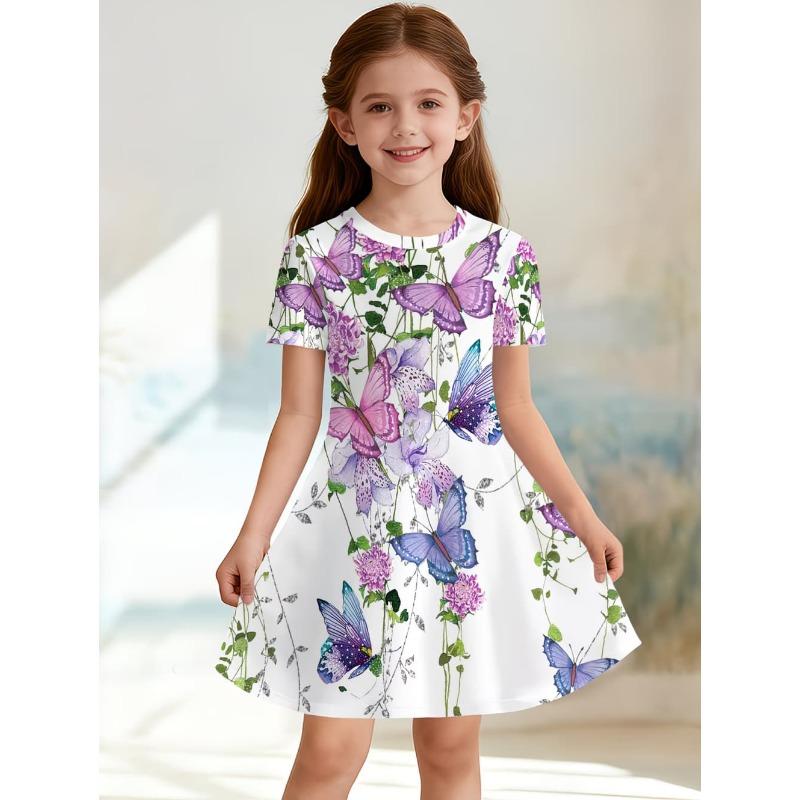 Dress for Girls Beautiful Butterfly Printed Short Sleeve Dress Summer Loose Girls  Casual Dress Round Neck Hot Sale Girl Clothes 110