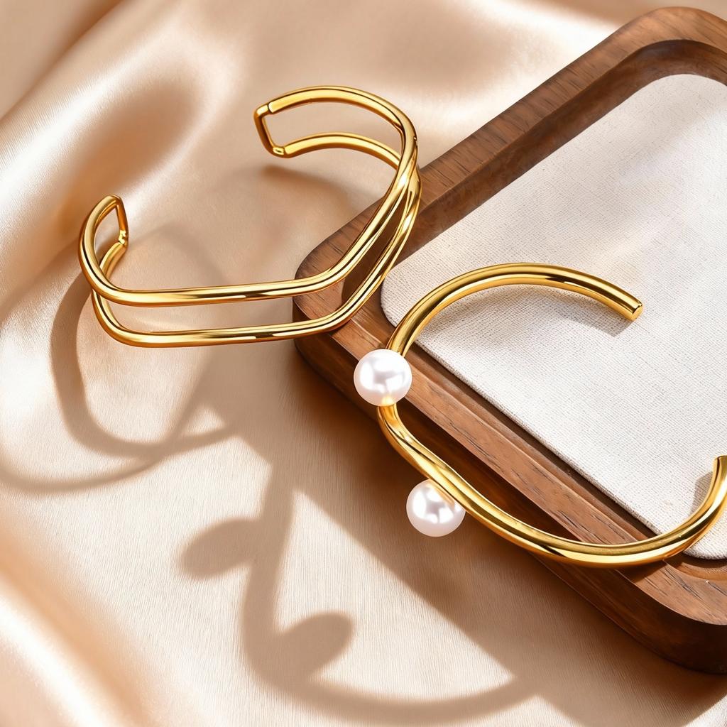 Chic Stainless Steel Double Layer Hollow Cuff Bracelet, Gold Plated Irregular Open Bangle, Waterproof Unique Minimalist Jewelry