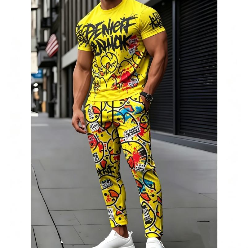 Kreatives Entenmuster Freizeit-Set für Herren Sommer Atmungsaktiv Bequem Outfit Rundhals Kurzarm Oberteil Und Kordelzug Lange Hose