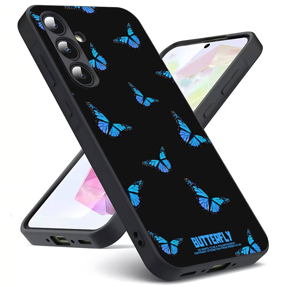 Beauty Blue Butterfly For Samsung Galaxy S25 S24 S23 Ultra S22 S21 Plus S20 Black Soft Silicone Protective Case