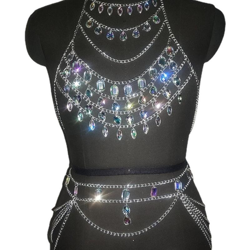 Rhinestones Body Chains Beach Bikini Bra Top Crystal Chest Chains Wasit Body Jewelry Accessories for Women Girls Gifts