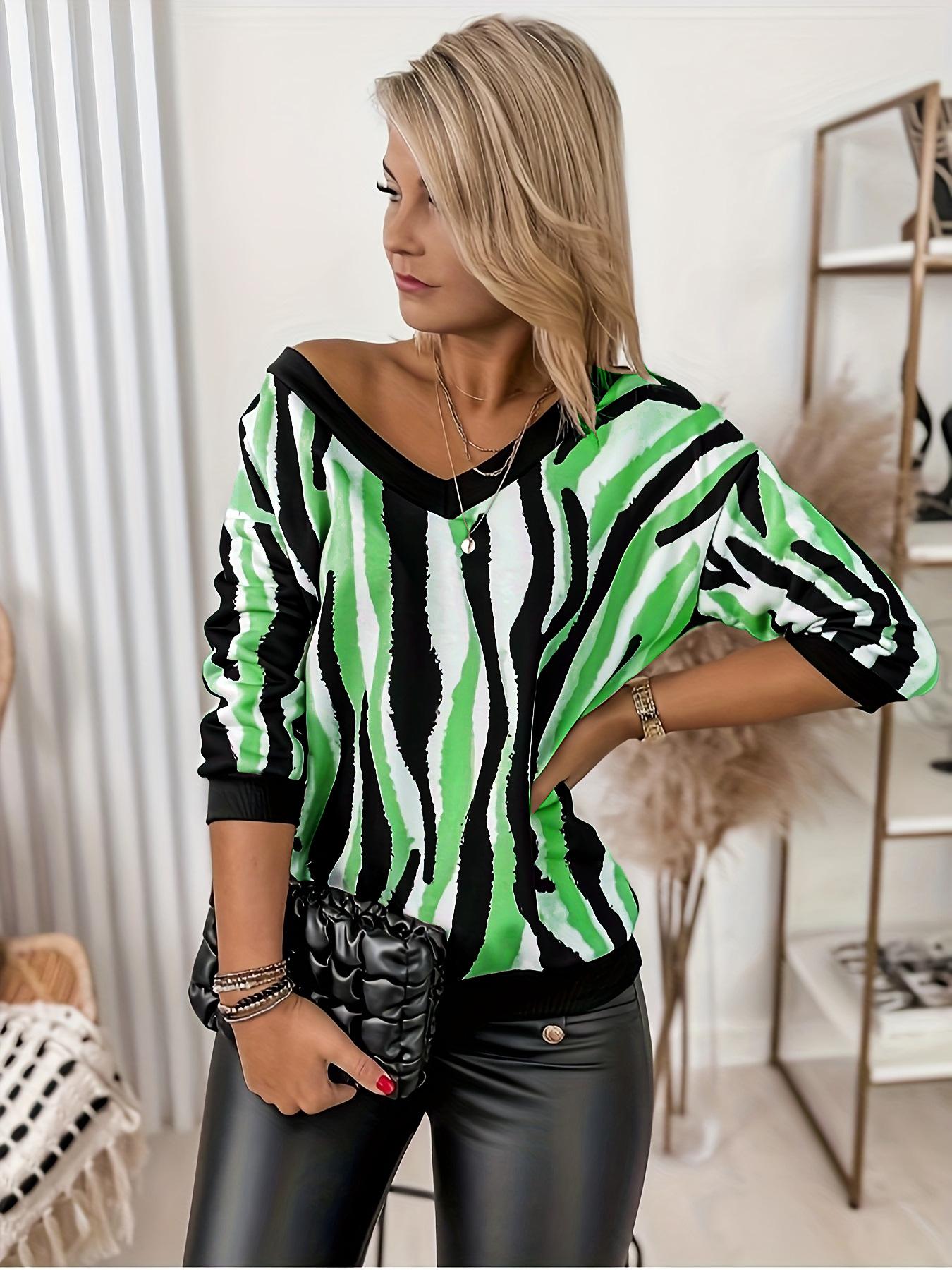 Striped Deep V-Neck Color Block Three-Quarter Sleeve Fashion Top Quad XL зелёный