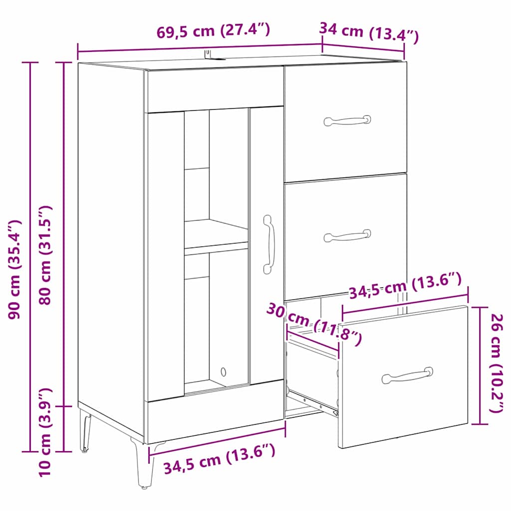 Sideboard with Drawers Black Oak Effect 69.5 x 34 x 90 cm