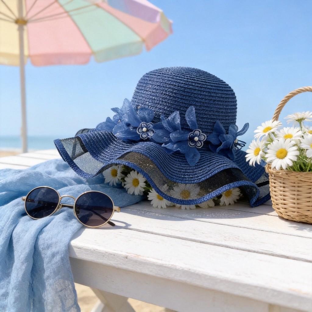 Summer Pearl Floral Straw Hat With Wide Brim For Outdoor Travel Sun Protection