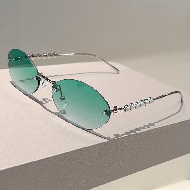 Vintage Rimless Oval Sunglasses Women For Men Luxury Brand Designer Sun Glasses Punk Popular Pearl Metal Eyeglasses Uv400