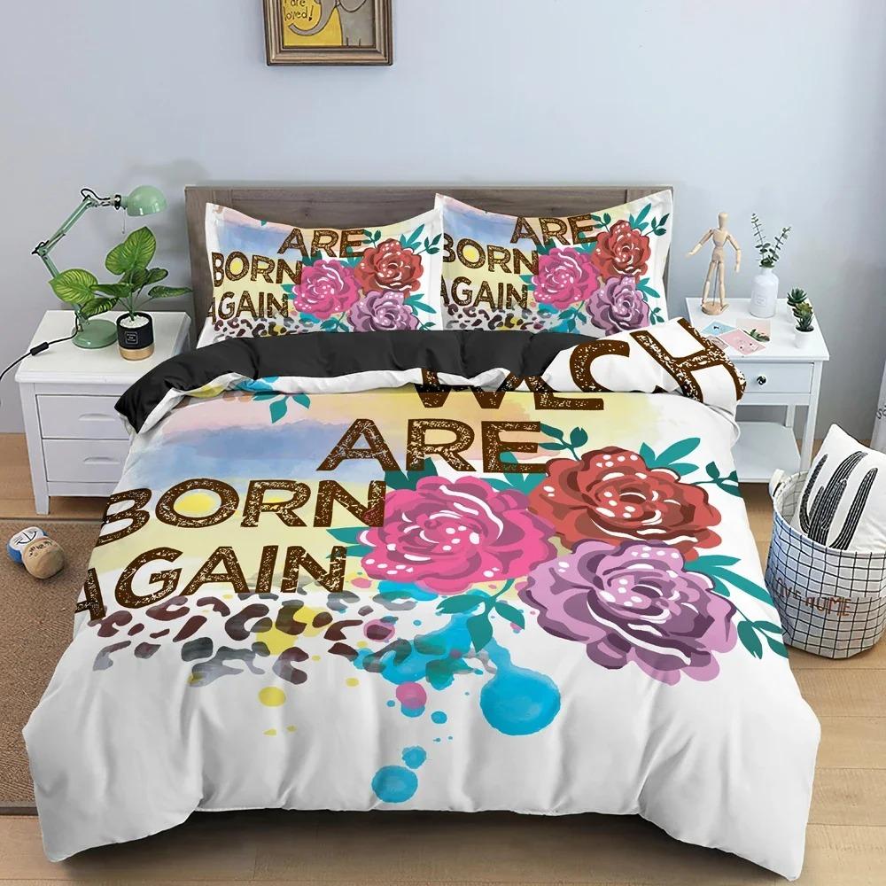 Bellissimo Set Copripiumino LOVE Fiori per Decorazione Camera da Letto Lussuoso Set Biancheria da Letto Sfondo Lettere Inglesi Biancheria da Letto King