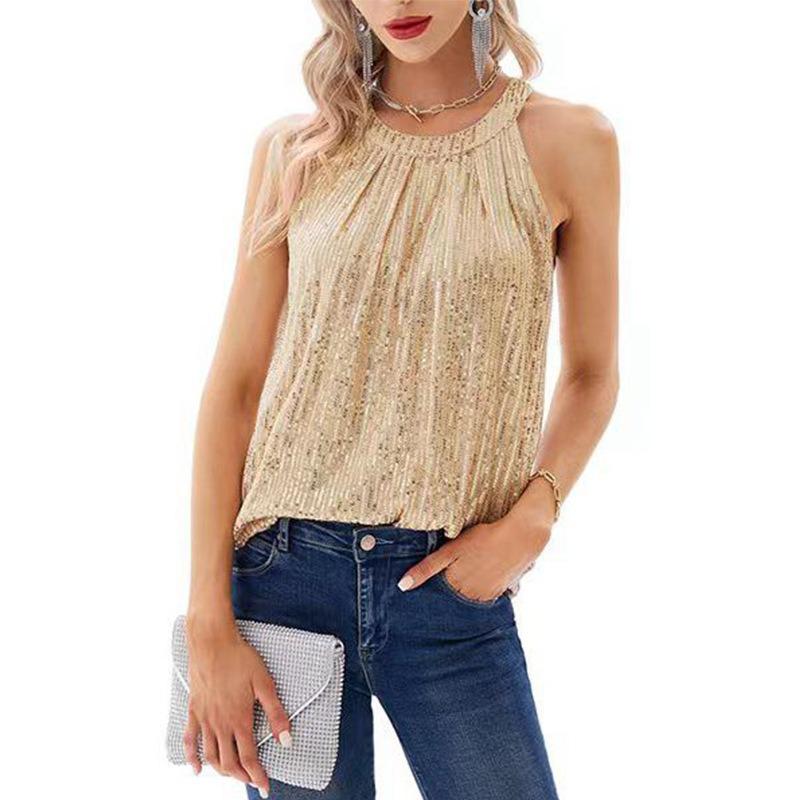 Summer New Sleeveless Loose Sequin Women Shirts Fashion Solid Halter Elegant Party Casual Blouse Women Tops Street Slim Fit Simple Ladies Shirt 26586