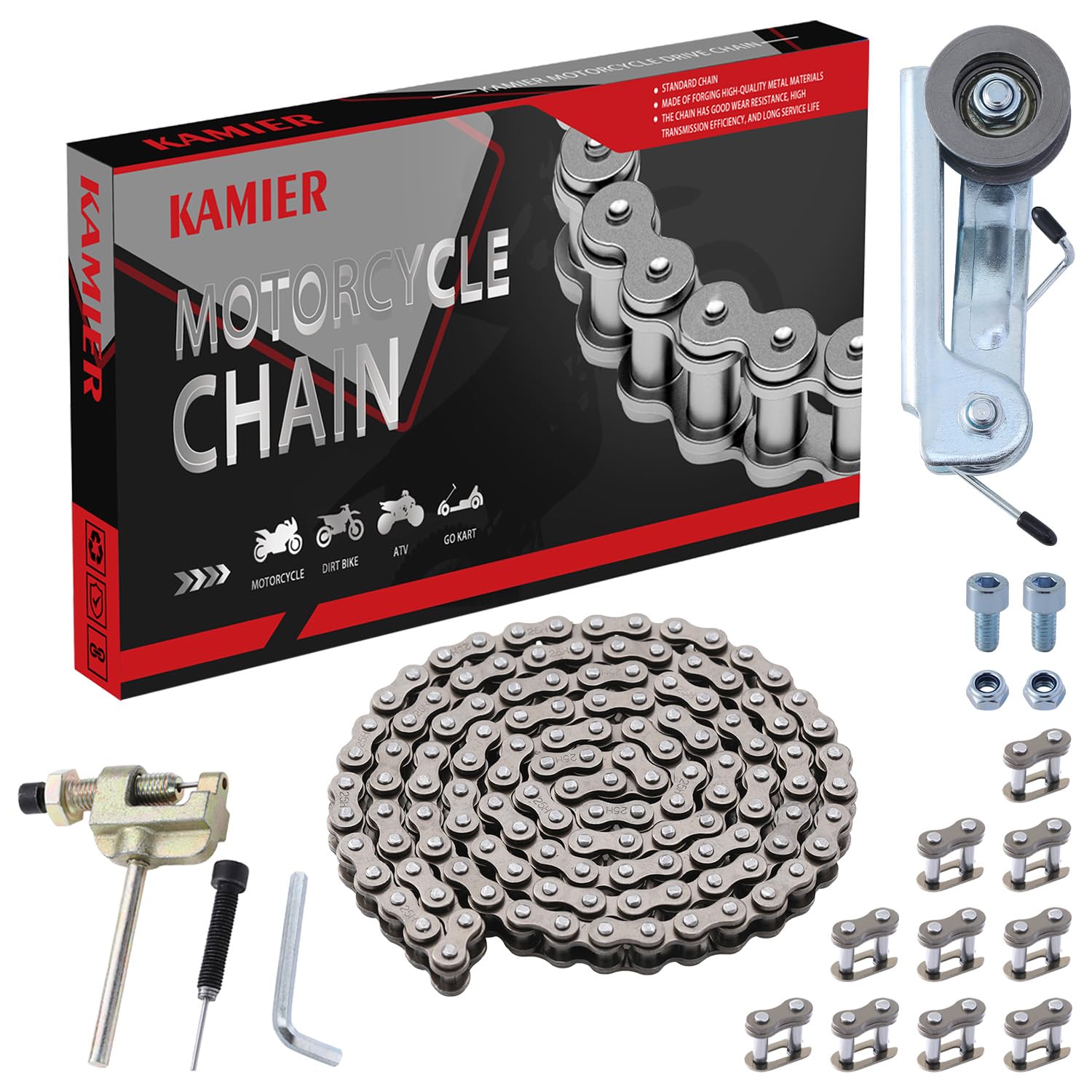 KAMIER #25 Drive Chain 126 Links with Chain Tensioner Adjuster Kit Replacement for Razor MX350 MX400 SX350 ZR350 Dirt Rocket Bike Kids Electric