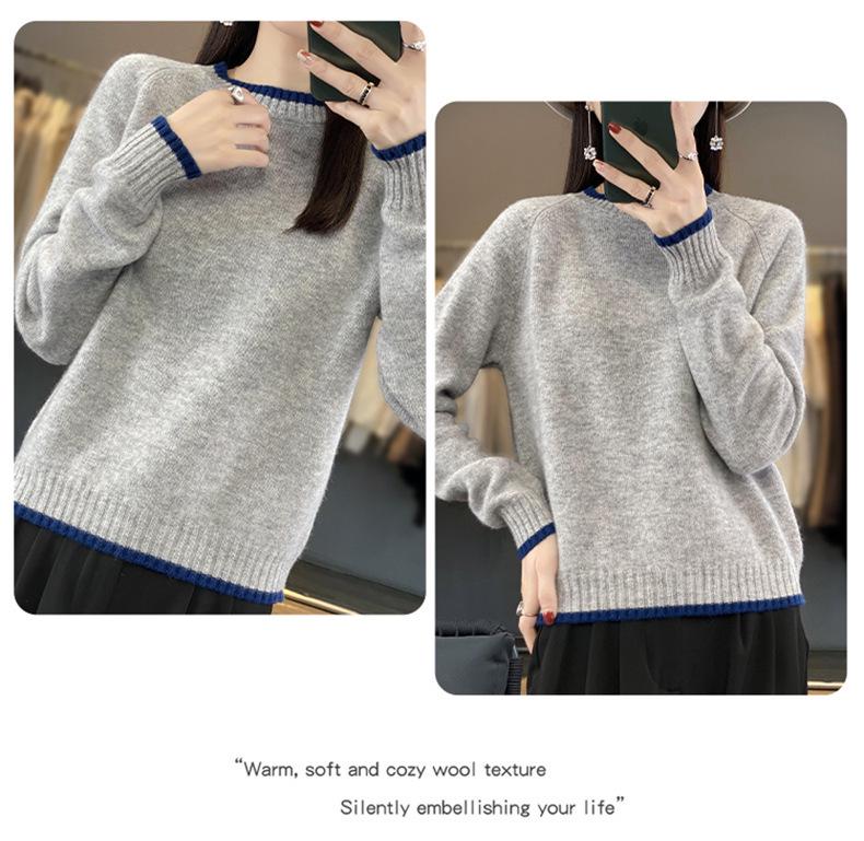 Damen Colorblock Rundhals Schlankmachender Wollstrick Pullover & Basisschicht