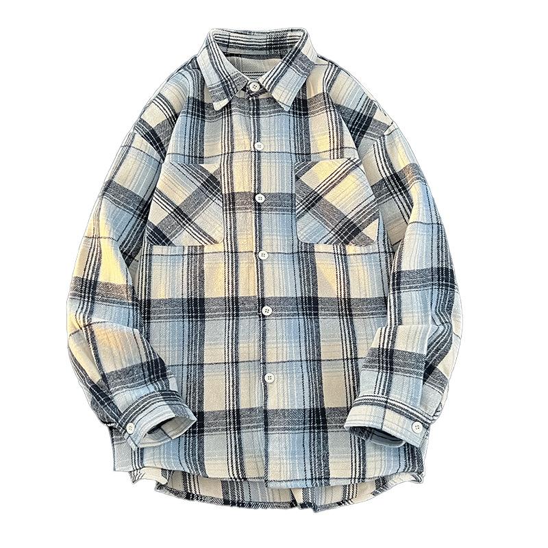 Retro Men's Plaid Long-sleeved Shirt Loose Jacket Men and Women's Shoulder-shoulder Shirt Large Size