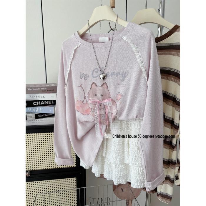 

Plus Size Cherry Cat Cotton T-shirt with 3D Butterfly Design L (recommended 120-145 jin) розовый