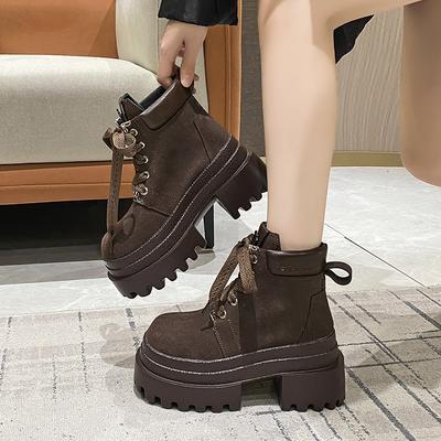 Women Autumn Winter Leather Ankle Boots 9CM Chunky Heels Motorcycle Boots Woman Thick Bottom Lace-up High Platform Short Booties