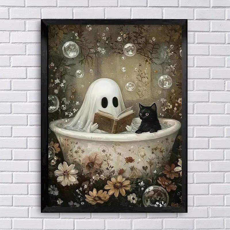 Kein gerahmter Leinwand-Geist liest in der Badewanne Kunst Druck Poster, Süßer Halloween-Geist mit schwarzer Katze Design, Gemütliche Halloween-Dekoration, F 21X30CMNo Framed