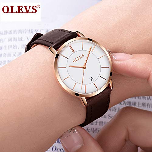 OLEVS Women's Ultra-Thin Wristwatch, Nurse Watch with Second Hand, 12/24 Hour Display, Easy-to-Read Silicone Band, Fashionable Watch for Women (Brown+