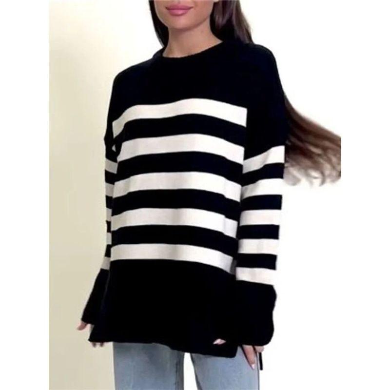 

round Neck Casual Casual Stripe Loose Sweater black S(S)