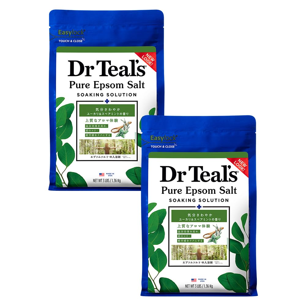 Dr Epsom Salts with Eucalyptus and Essential x 2 Large Capacity Teal's & Spearmint, Magnesium, Oils, 1.36kg Bags,
