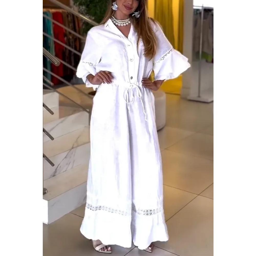 Summer Women's Casual Solid-color Lapel Lotus Leaf Sleeve Mid-waist Pocket Jumpsuit