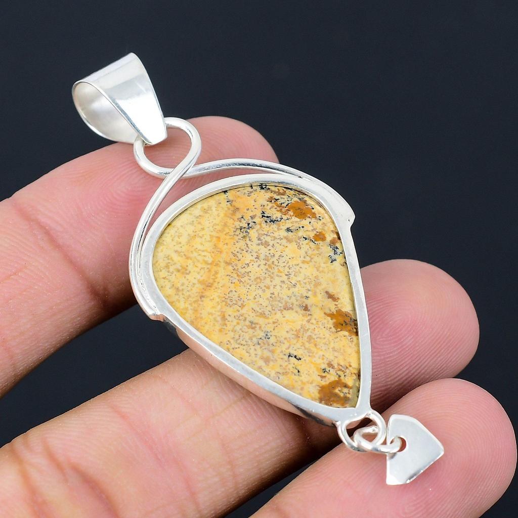 925 Silver Pear Natural Picture Jasper Handmade Ethnic Anniversary Boho Pendant