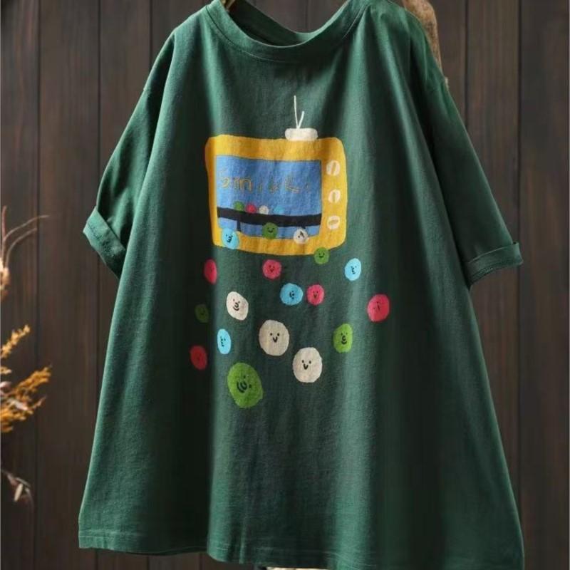 

Johnature Women Vintage Print O-Neck Short Sleeve Summer Loose Casual Female T-Shirts One Size зелёный