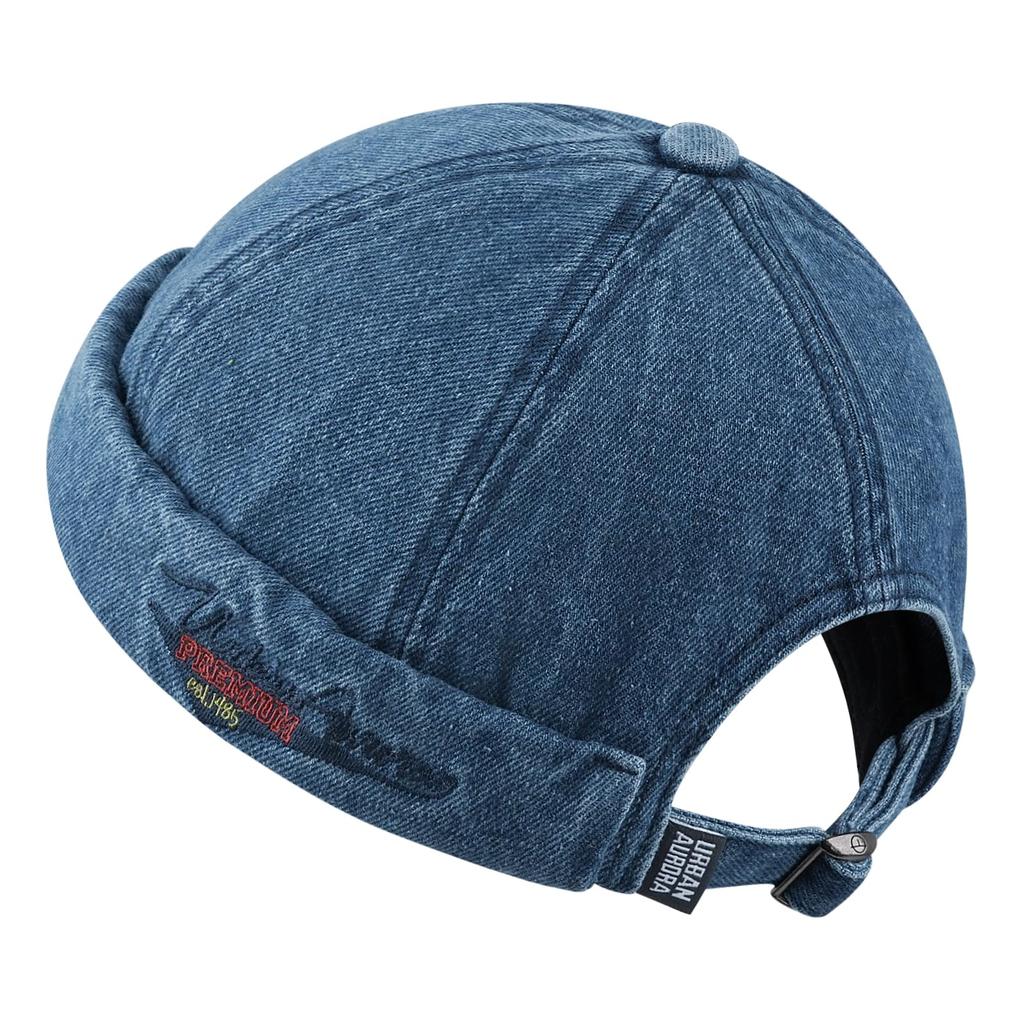 This brimless cap features embroidery and denim making it a cap with adjustable perfect for outdoor and Dark round, fisherman's accents, unique,