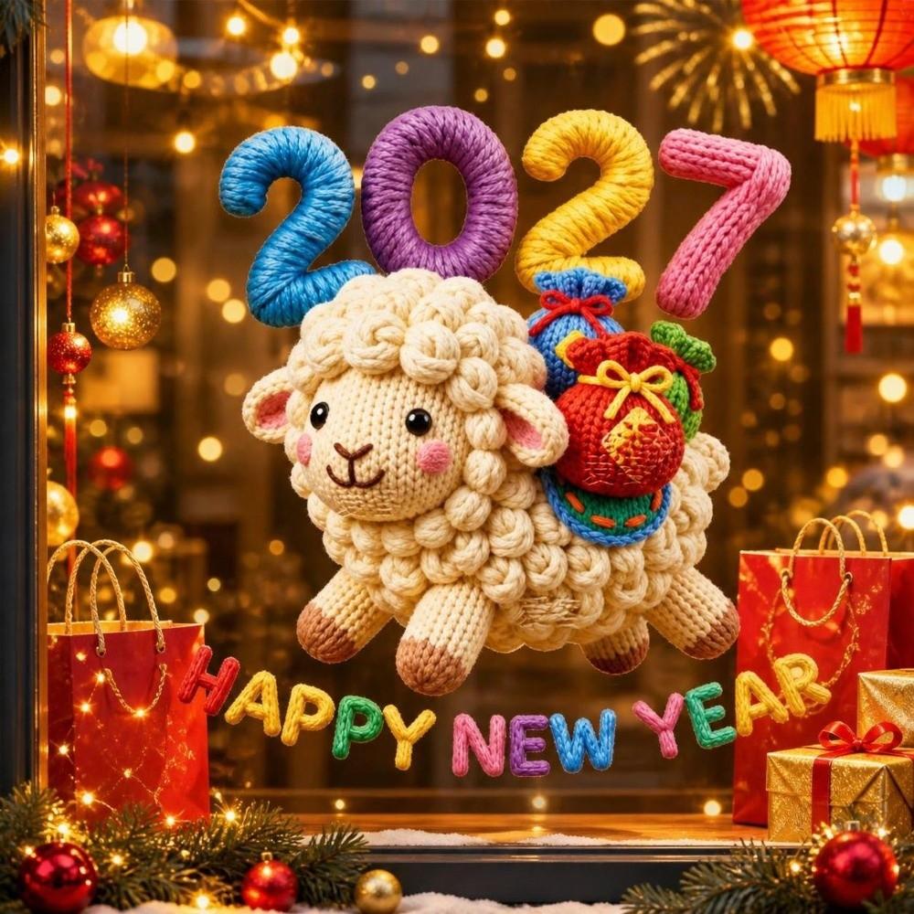3D Effect Static Window Cling 2027 New Year Glass Door Sticker Sheep Sticker Decal Living Room
