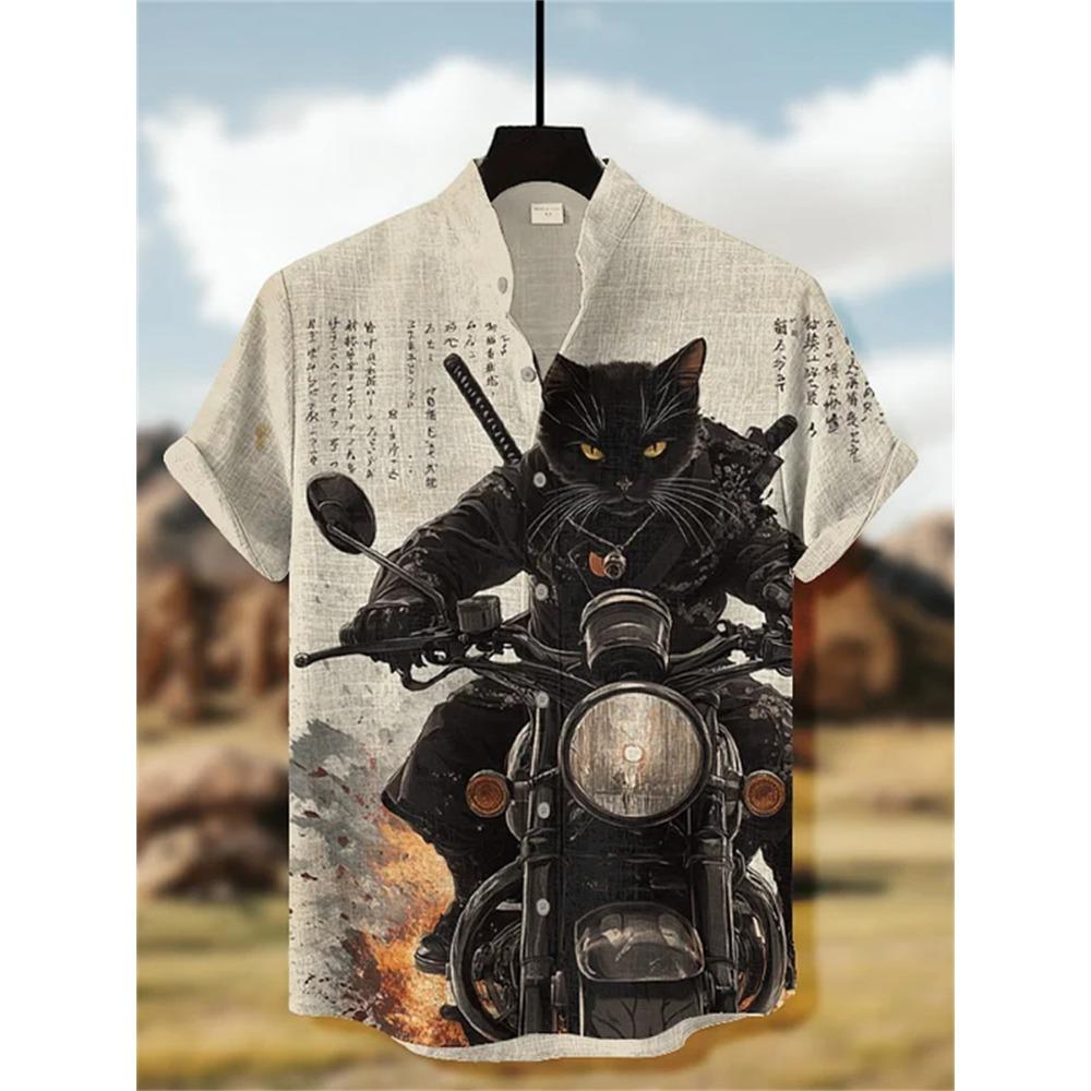 Men's Short-sleeved Shirt with Cat and Dinosaur Print, Casual and Stylish Vacation-style Men's Top, Fashionable Hawaiian Design.