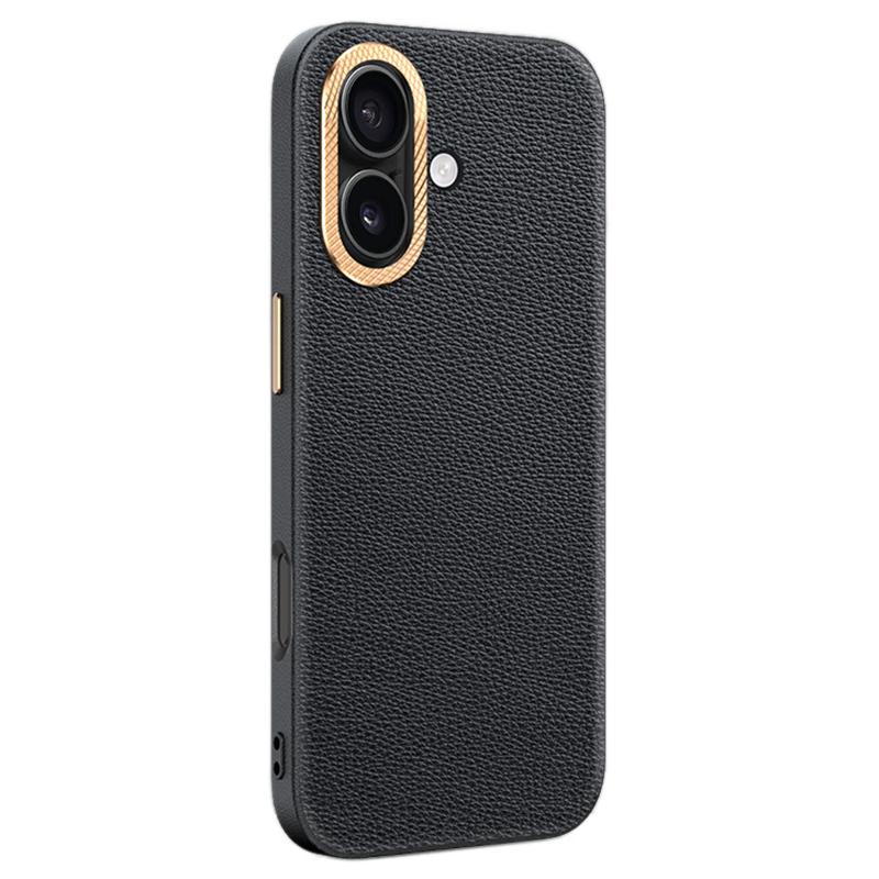 

For iPhone 16 Plus Phone Case Leather+TPU Back Cover with Metal Lens Frame Black