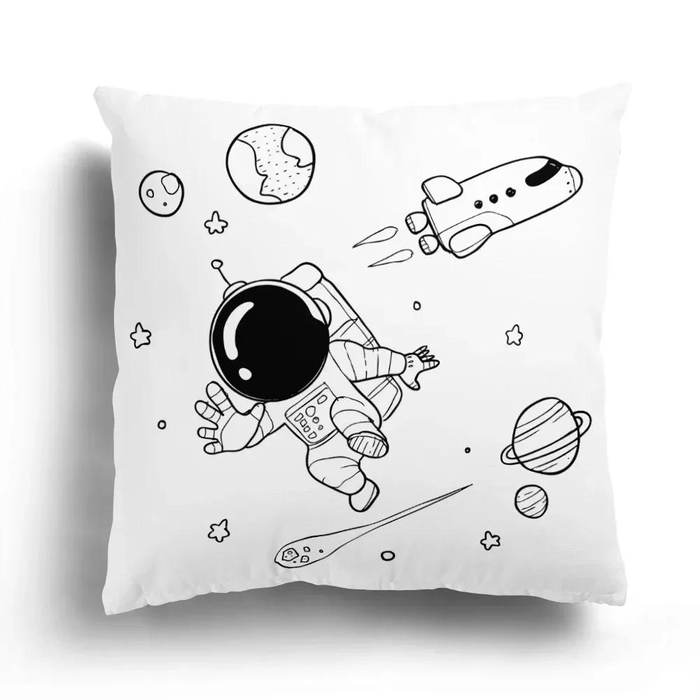 Fashion Black and White Sky Cartoon Astronaut Home Sofa Cushion Cover Cartoon Pattern Room Bedroom Pillowcase Decoration