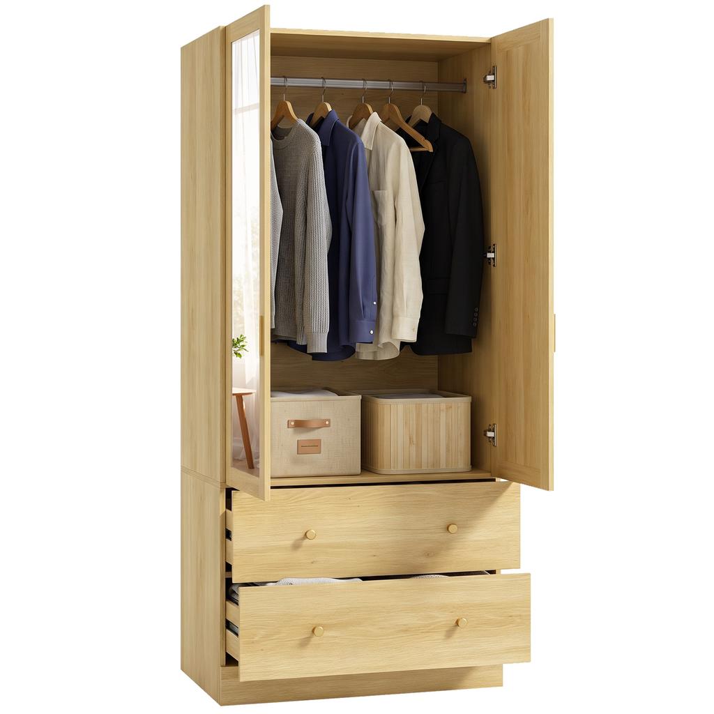 Bedroom Wardrobe with Mirror, 2 Doors, 2 Drawers, Hanging Rail, 80 x 50 x 180 cm, Oak
