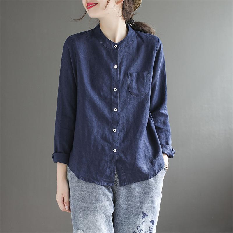 Women's Mandarin Collar Long Sleeve Linen Shirt Loose Straight Fit Vintage Solid Color Casual Blouse Office Commuter Top