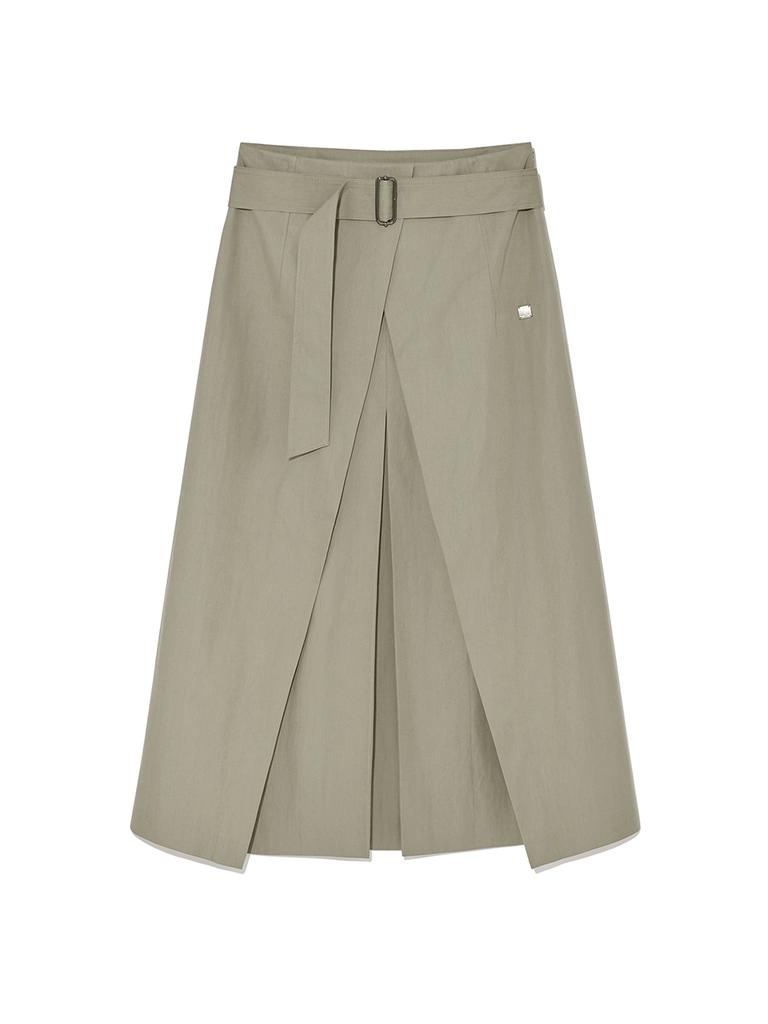 Mattengkim A Line Pleats Belted Skirt In Light Khaki