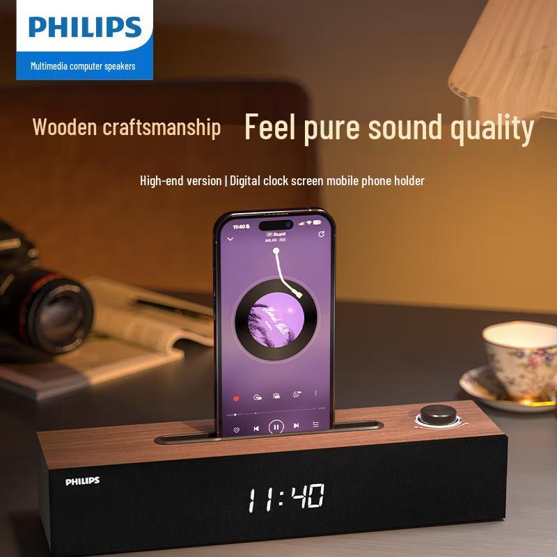 Philips SPA3809 Holz-Schreibtisch-Bluetooth-Lautsprecher mit Uhr
